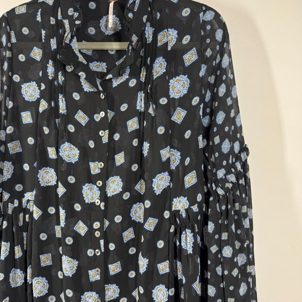 Free People Boho Turn Turn Sheer Mini Dress Size M Printed Festival Peasant - Picture 9 of 15